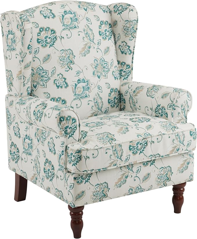 MELLCOM Floral Accent Chair High Back Upholstered Armchair with Solid Legs Leisure Single Sofa Chair for Living Room Bedroom Home Office Light Cyan Floral
