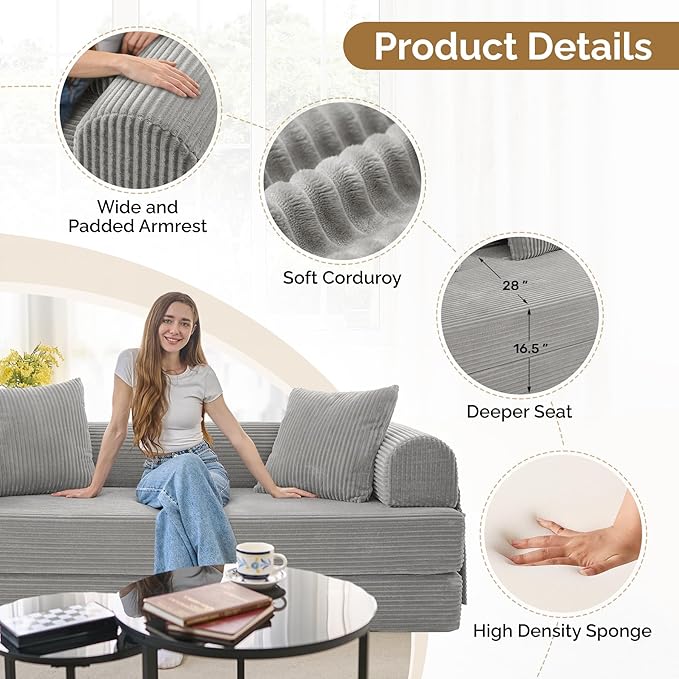 Convertible Coarser Corduroy Sleeper Sofa Bed with Cylindrical Pillow Folding Mattress Couch with Fixed-Shape Frame Floor Sofa Lounge Couch for Living Room Bedroom Lounge Studio Grey