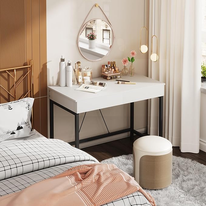 Mexin Small White Desk with 2 Wooden Drawers 40 Inch Home Office Writing Desk White Vanity Desk with Storage Computer Desk for Bedroom Small Spaces Table for Office Work Kids Study Makeup