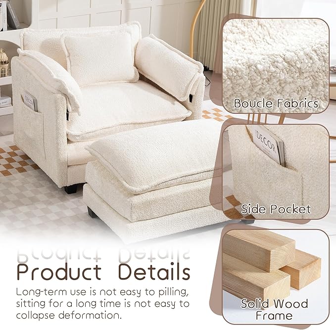 KEIKI Boucle Accent Chair with Storage &amp Ottoman Oversized Reading Arm Chair w/Double Cushion Modern Side Deep Seating Chairs Set Corner Comfy Lounge Armchair for Living Room Bedroom White