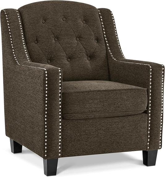 MCombo Modern Accent Chair with High Legs Chenille Upholstered Single Sofa Chair with Tufted Button Back &amp Ergonomic Armrests Solid Wood Legs for Living Room Bedroom 4260 (Brown)