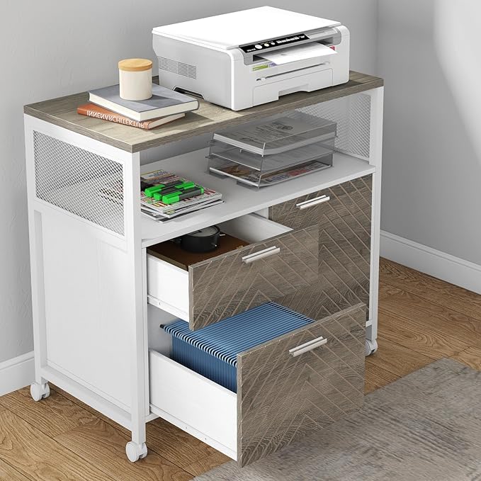 Tribesigns Modern File Cabinet with Drawers for Letter-Sized File and Door Lockable lateral Filing Cabinet Printer Stand with Storage Shelves and with Rolling Caster for Home Office (Oak)