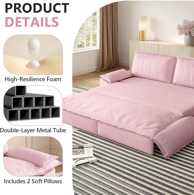 73.2 Queen Size Sofa Bed 3 in 1 Convertible Pull Out Sleeper Sofa with Thicked Cushions and Side Storage Velvet Loveseat Couch for Home Living Room Bedroom Apartment Lounge Small Spaces Pink