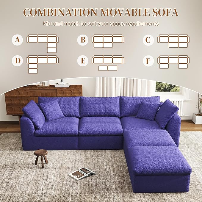108 Modular Sectional Sofa with Movable Ottoman No Assembly Required Boneless Cloud Couch Deep Seat L Shaped Sectional Couches for Living Room Bedroom and Apartment Purple