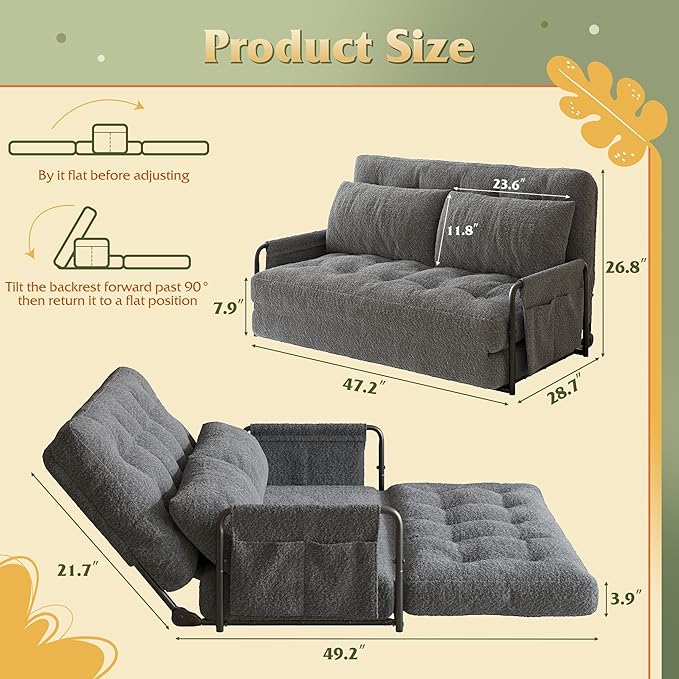 WLIVE Futon Sofa Bed Floor Chair with Adjustable Backrest Bean Bag Bed for Adults with Armrest Pillow Low Profile for Living Room Reading Bedroom Loveseat Grey