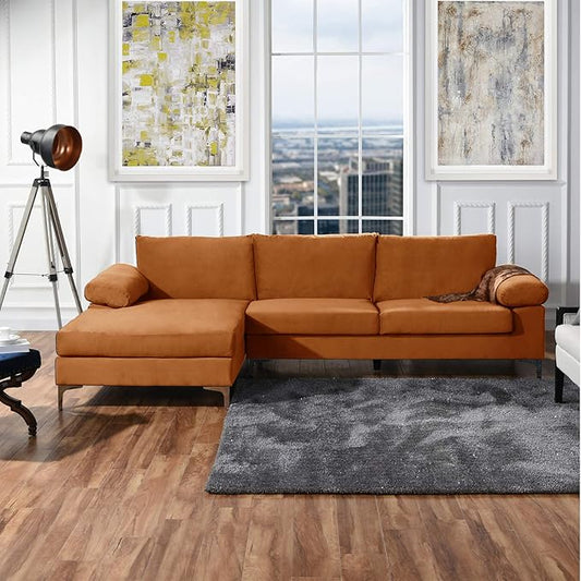 Casa Andrea Milano Modern Large Velvet L-Shape Sectional Sofa with Extra Wide Chaise Lounge Couch