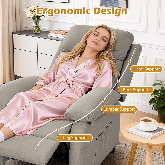 Recliner Chair Living Room Chairs for Adults Padded Deep Seat Reading Chair with Side Pockets Small Recliners for Small Spaces Lounge Chair for Living Room Bedroom and RV (Linen)