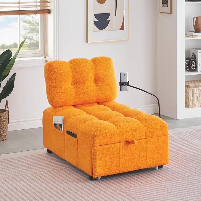 Modern Teddy Fabric Sofa Bed Futon3 in 1 Convertible Pullout Bed Couches with 3 Reclining BackrestsPhone StandSmall Sofa Single Sleeper Chair Bed for Living Room Bedroom (Orange)