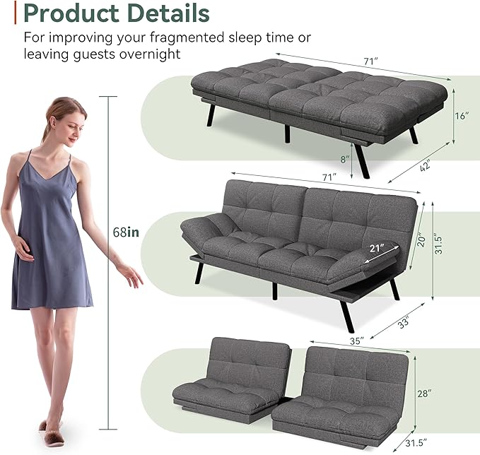 Opoiar Convertible Futon Sofa Bed71 Memory Foam Futon CouchDetachable CushionAdjustable Backrest &amp ArmrestLinen Modern Loveseat Sleeper Recliner for Living RoomOfficeApartmentRetro Grey