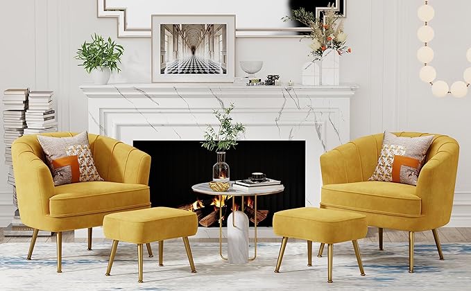 Andeworld Velvet Accent Chair with Ottoman Upholstered Modern Single Sofa Side ChairComfy Barrel Club Living Room Armchair with Golden Metal Legs for Bedroom Living Reading Room Office Yellow