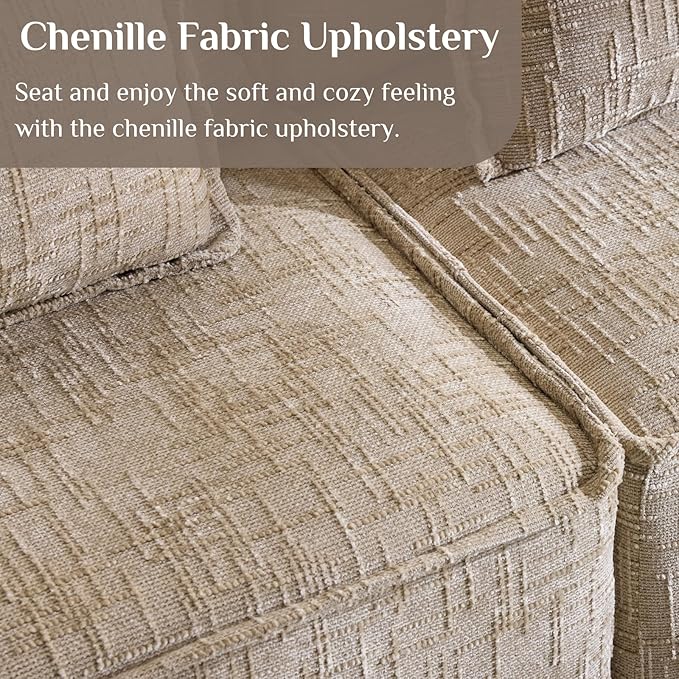 Karl home 110 Cloud Sectional Couches with Moveable Ottoman 3 Seat Boneless Modular Sofa Set L-Shape Convertible Couche with Chenille Upholstery for Living Room Apartment Studio Khaki