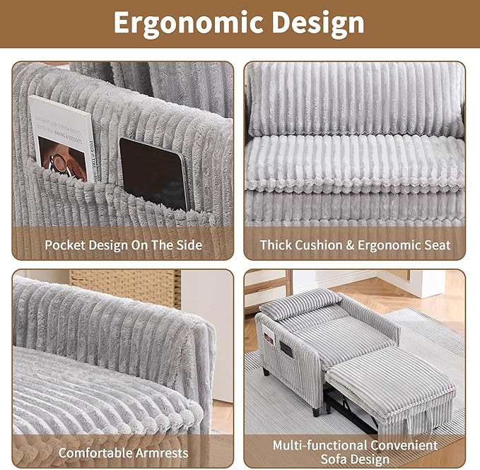 Modern Corduroy Fabric Sofa Bed Futon3 in 1 Convertible Pullout Bed Sleeper Couches with 3 Reclining BackrestsSmall Sofa Chair Bed for Living Room Bedroom (Light Grey)