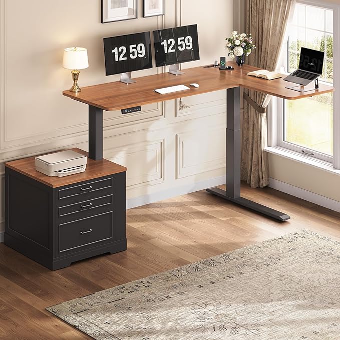 SEDETA Farmhouse L Shaped Electric Standing Desk 70.9 x 39.4 Height Adjustable Office Executive Desk with 3 Drawers Standing Computer Desks with Power Outlet for Home Office Black