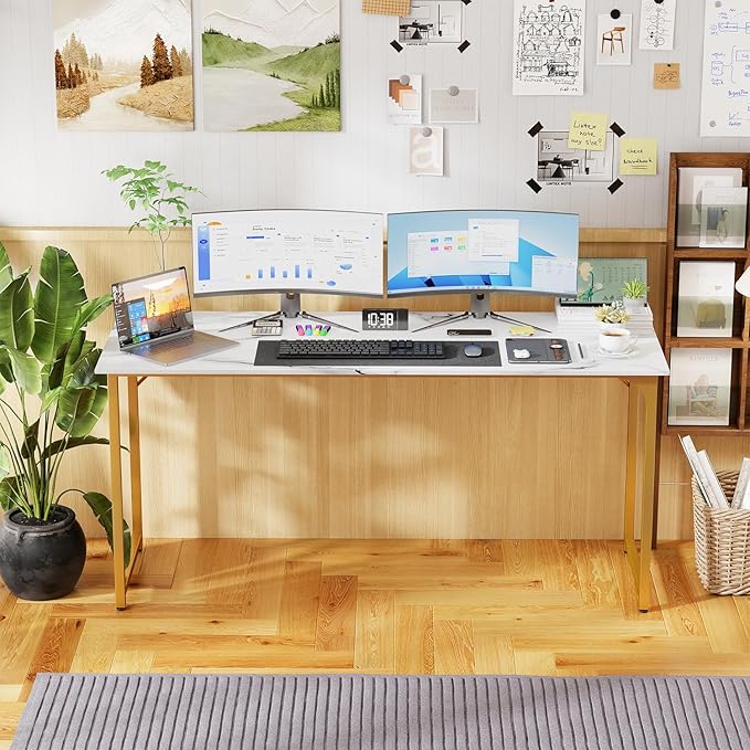 PayLessHere | 63 Inch Computer Desk | White Gold | Office Desk with Metal Frame Adjustable Feet | Water-Resistant Scratchproof Surface | Sturdy Writing Table for Home Office or Study | Pack of 1