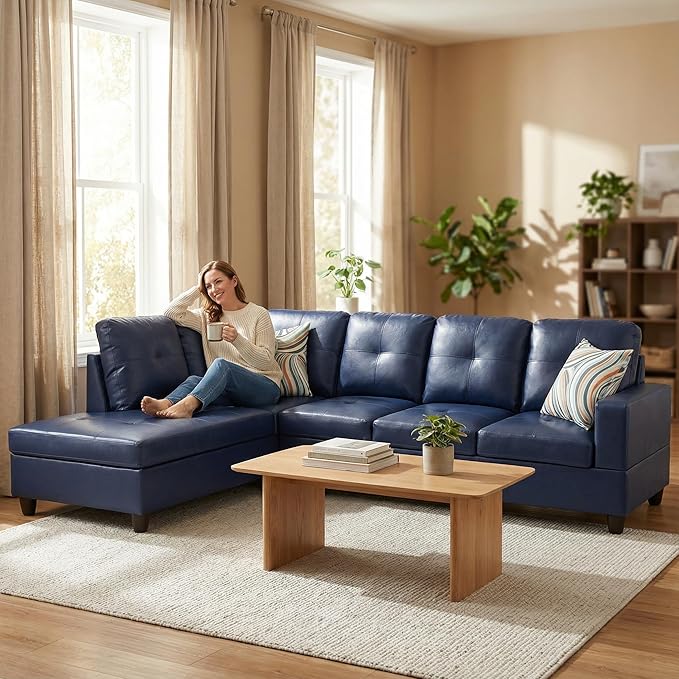 103.5 Inch Modern L-Shaped Couch Faux Leather Sectional Sofa with Chaise Lounge 4-Seater Couch with Accent Pillows for Living Room Apartment Blue