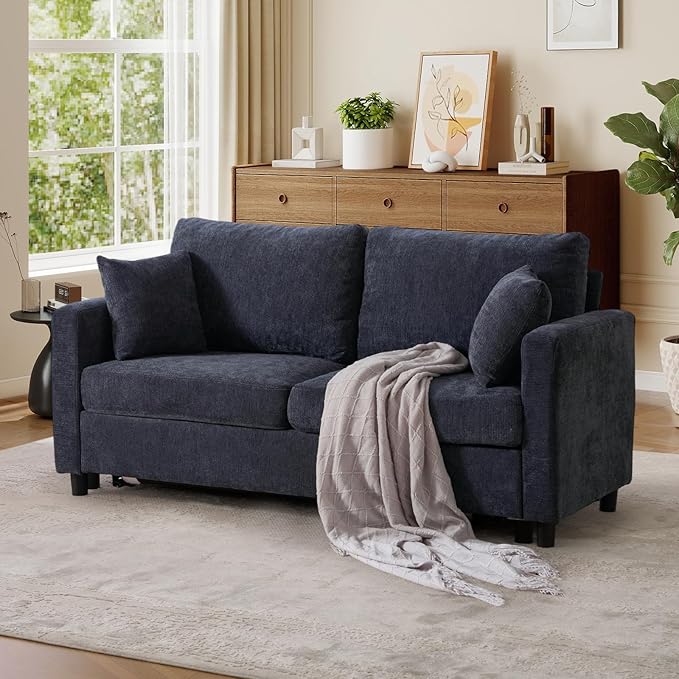 Full Size Pull Out Sofa Bed 3 in 1 Chenille Convertible Loveseat Sleeper Sofa Bed with Memory Form Mattress Pull Out Couch with Square Arms &amp Plillows for Living Room Bedroom Small Space(Grey)
