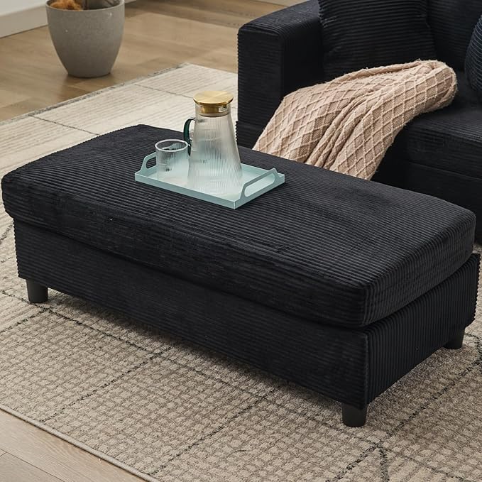 Chaise Lounge Chair with Removable Ottoman Modern Corduroy Accent Sleeper Sofa Bed with Pillows Deep Seat Upholstered Armchair for Living Room Bedroom (Black)
