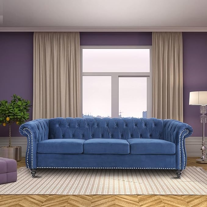 ONCIN Velvet Chesterfield Sofa 84'' Modern Tufted 3 Seater Couch with Scroll Arms and Wood Legs for Living Room Bedroom (Blue) Blue Velvet 84 In Chesterfield Sofa