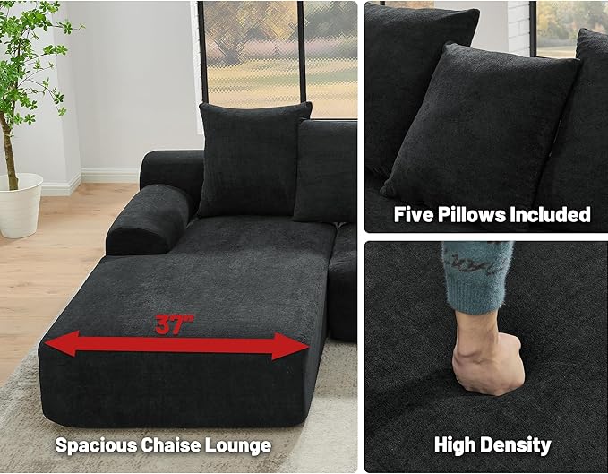 JOYBASE 110 Modular Sectional L-Shaped Cloud Couch Minimalist 4 Seat Couch with Deep Seat Left Facing Chaise for Living Room Office No Assembly Required (Black)