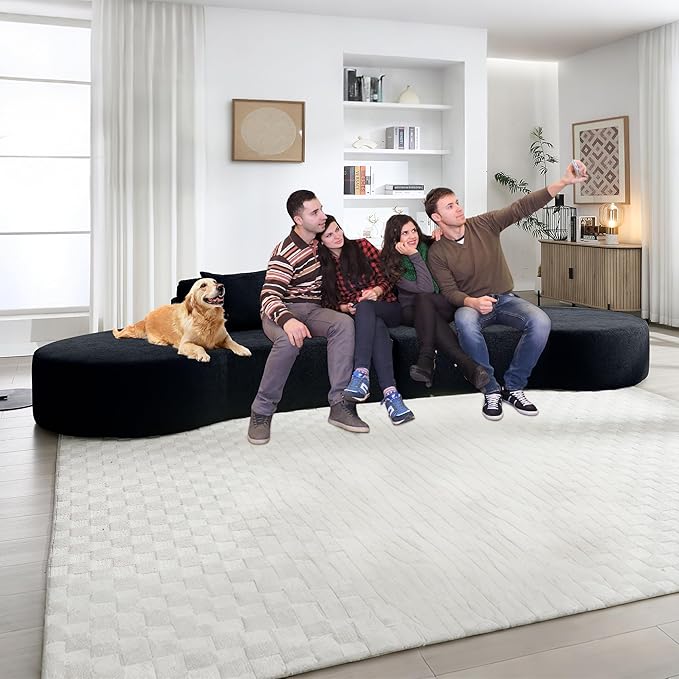 129.9 Oversized Sectional Sofa for Living Room Modern Curved Couch Compressed Modular Cloud Sofa Boneless 4 Seater Couch Large Sectional for Office Apartment- Black