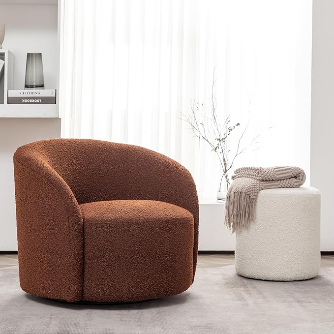 KINWELL 34 Boucle Swivel Barrel Chair with 18 Round Ottoman Set Fully Assembled Set of Sherpa Accent Chair and Footrest Modern Comfy Armchair and Footstool for Living Room and Bedroom Brown