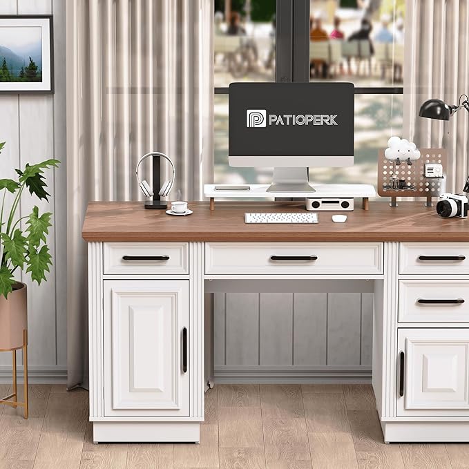 58 Farmhouse Executive Desk Wood Home Office Desk with Drawers Computer Desk with Drawers and Storage Cabinet Workstation for Office Home Ivory White