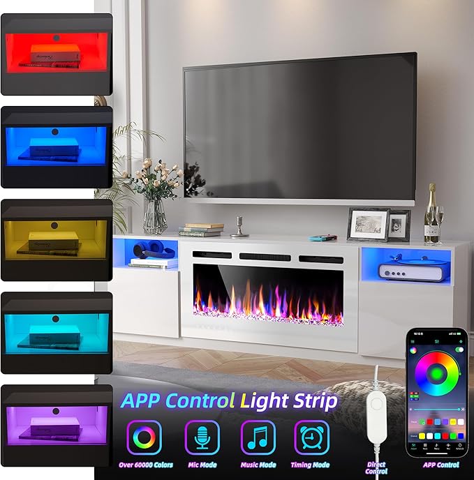 AHB Fireplace TV Stand LED Light Entertainment Center with 36 Electric Fireplace and Storage Cabinet Media Console Table for TVs Up to 80 Inches Ideal for Living Room 70 Inches (All White)