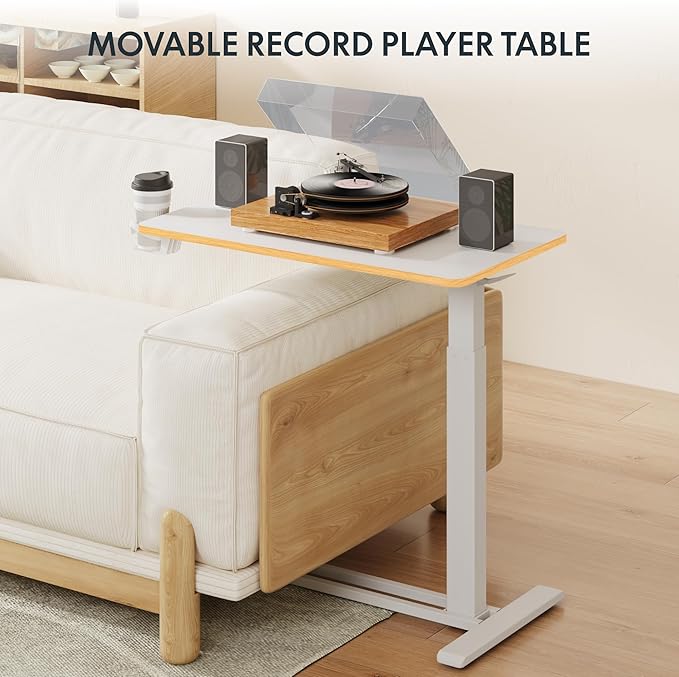 FLEXISPOT H7 Adjustable Overbed Bedside Table with Wheels Pneumatic Mobile Standing Laptop Desk Rolling Computer Cart Movable Overbed Table Hospital Home Use (31.5 W x 17.7 D White Maple Large)