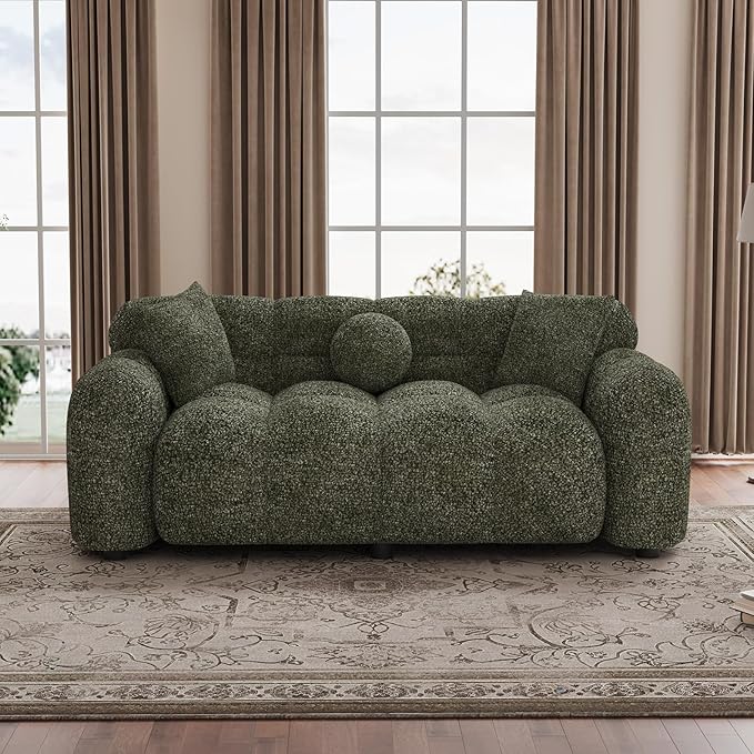 65 Chenille Cloud Sofa Couch Modern Deep Seat Loveseat Sofa Comfy Upholstered Couch with 3 Pillows Oversized Accent Armchair for Living Room Apartment Office Green