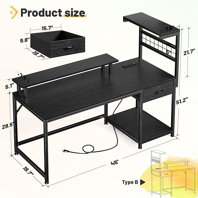 EnHomee 48 Gaming Desk with LED Lights &amp Power Outlets Home Office Desk with Monitor Stand Computer Desk with Drawer &amp Storage Shelves for Living Room Study Room Gaming Room Black