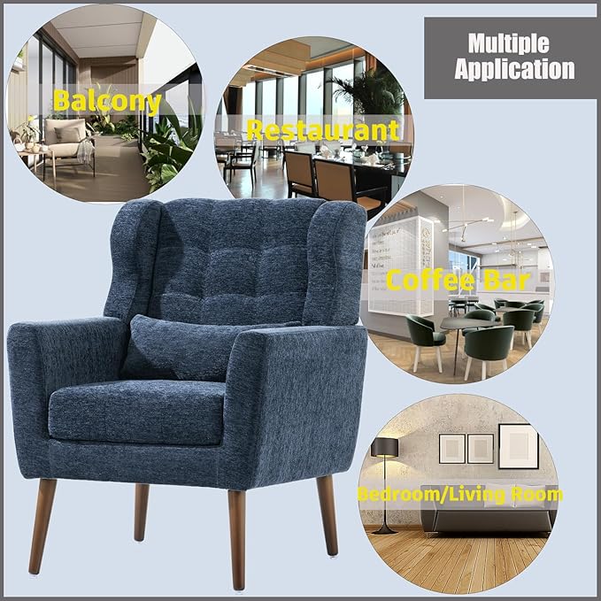Modern Accent Chair Chenille Upholstered Arm Chair with Pillow Comfy Soft Padded Chair Fabric Single Sofa Chair Reading Accent Chair for Living Room Bedroom Dark Blue
