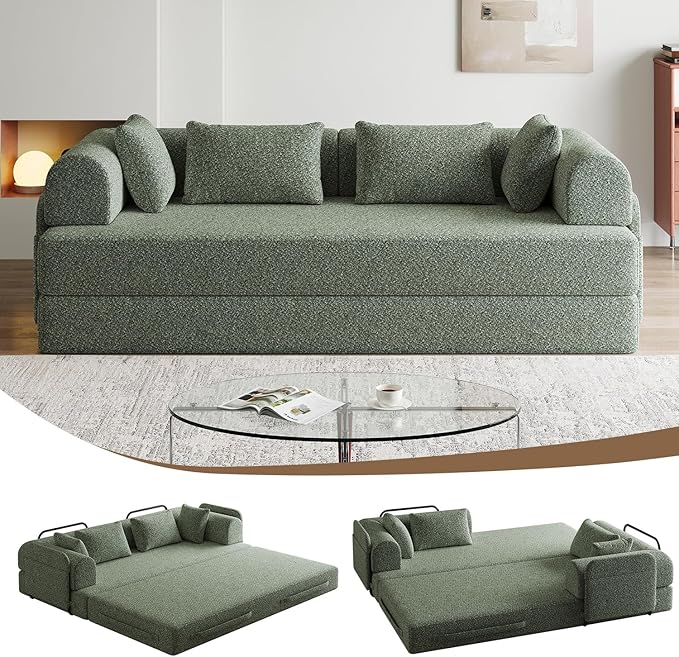 78.7 Chenille 4-in-1 Folding Convertible Sofa Bed Boneless Couches with 4 Pillows &amp Convenient Side Pockets Comfy Foldable Compressed Sofa in Box Floor Sofa Lounge Couch for Living Room(Green)