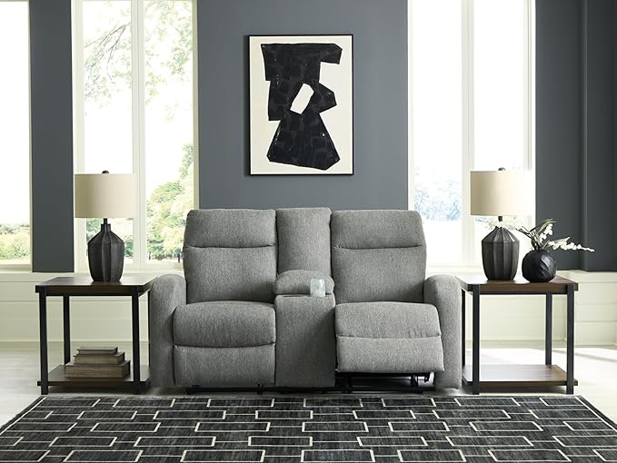 Signature Design by Ashley Carrigan Lane Classic Manual Pull Tab Dual Sided Reclining Loveseat with Console and Storage Gray