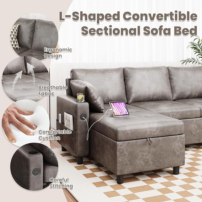 Faux Leather L Shaped Sofa L Shape Couch Pull Out Bed with USB and Cup Holder Storage Cama Queen Bed Sleeper Couch for Living Room Grey