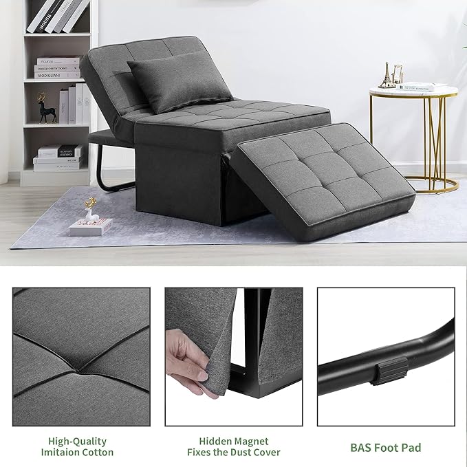 BIGSYY Sofa Bed Set of 4 in 1 Multi-Function Folding Ottoman Breathable Linen Couch Bed with Adjustable Backrest Modern Convertible Chair for Living Room Apartment Office Dark Grey