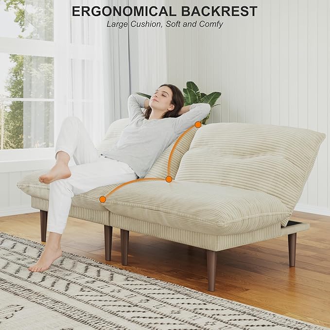 LLappuil Futon Sofa Bed 75 Futon Couch with Adjustable Backrest Corduroy Convertible Recliner Sleeper Sofa 4 in 1 Recliner Chair for Small Space Living Room Apartment Guest Room or Office Beige