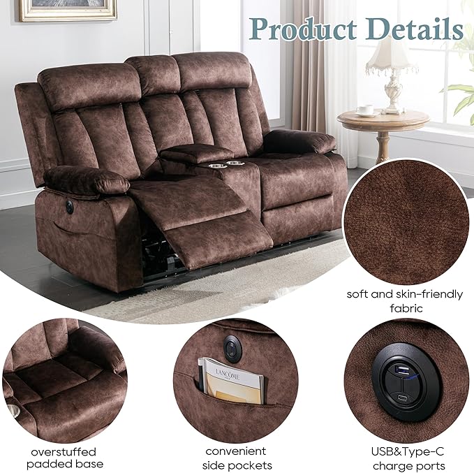 Reclining Loveseat-Power Reclining Loveseat with ConsoleDouble Recliner Loveseat with Heat and MassageElectric Loveseat Recliner with Cup HoldersUSB &amp Type-C Charge Ports for Living RoomRV