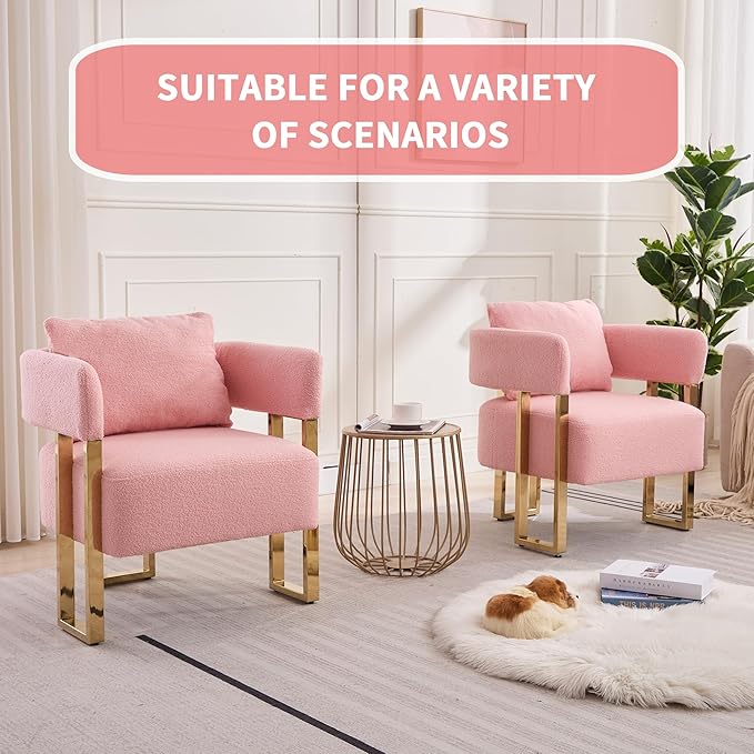 YITAI Modern Accent Chairs no Wheels Living Room Side Chairs Set of 2 with Golden Metal Legs Barrel Soft Teddyt Upholstered Reading Armchairs for OfficeStudyReception RoomBedroomLoungePink