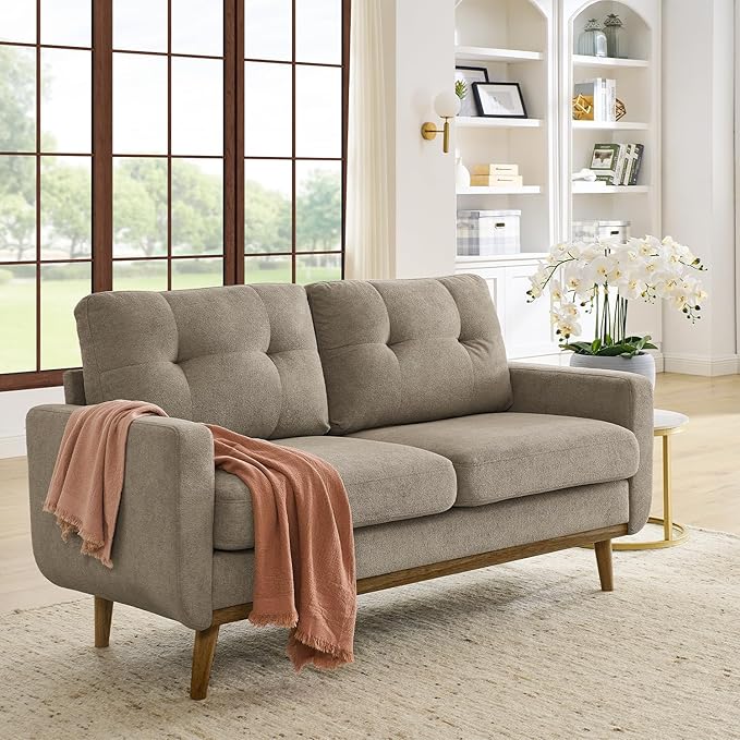 67.7 Loveseat Sofa Couch Mid-Century Modern Love Seat Couches for Living Room Button Tufted Upholstered Small Loveseats for Small Space Office Bedroom with Wooden Legs (Khaki)
