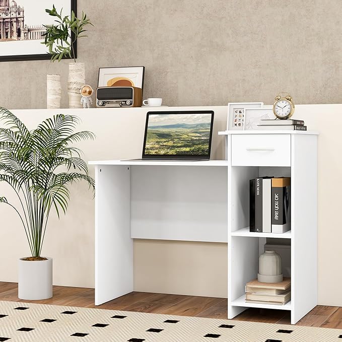 COSTWAY Computer Desk with Printer Shelf Modern PC Workstation with Storage Drawer and CPU Stand 40.5” Writing Desk with Cable Hole for Home Office/Dorms/Apartments White