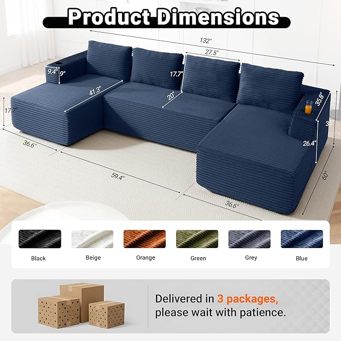132 Cloud Couch Sectional Modular Sofa with Cup Holder and Deep Seat Corduroy U Shaped Boneless Sofas Couch in a Box No Assembly Required Blue Couches for Living Room