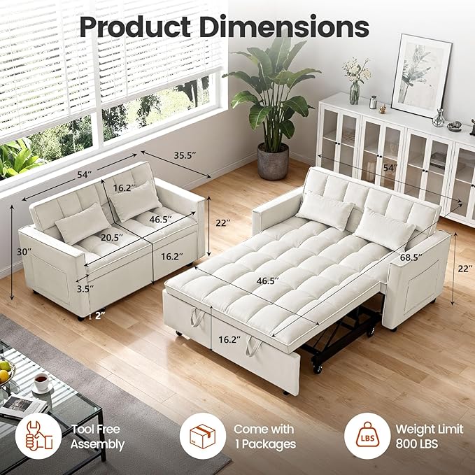 Convertible Sofa Bed Pull Out Couch with Side Pockets 3 in 1 Velvet Fabric Loveseat Sleeper Sofa Bed Pull Out Couch with Adjustable Backrest for Living Room Bedroom Apartment White