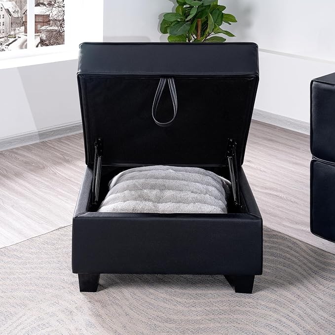 Naomi Home Sarah Ottoman in Black Air Leather Ergonomic Cushioned Top with Hidden Storage Multi-Functional Modular Sectional Furniture for Living Room or Lounge