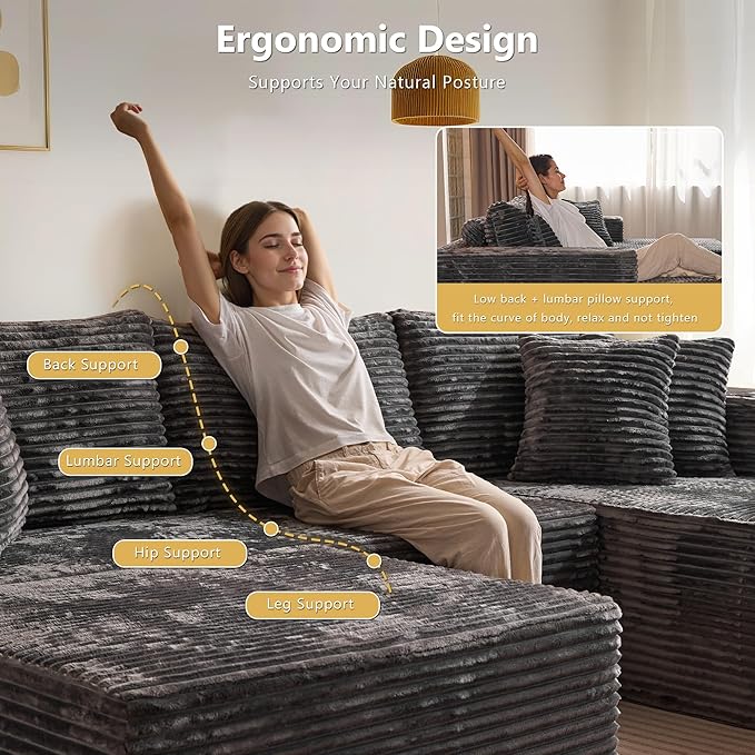 108 L-Shape Boneless Couch with Ottoman Modern Deep Seat Cloud Sectional Couches for Living Room Plush Corduroy Memory Foam Modular Sofa in a Box Grey