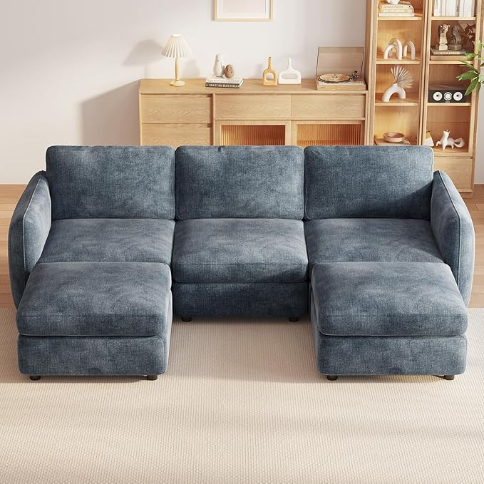 92.51 U Shaped Couch 5-Seater Modular Sectional Sofa with Chaise Comfy Cloud Couch with 2 Storage Ottomans Upholstered Sectional Sofa with Deep Seat for Living Room Apartments Blue