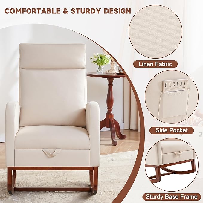 Rocking Chair with Foot Rest Ergonomic Nursery Chair with High Back Baby Glider Rocker Nursing Chair Accent Living Room (Linen Beige)