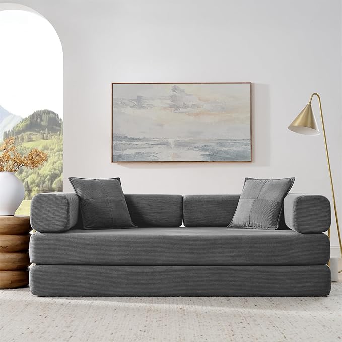4-in-1 Folding Convertible Sofa Bed 78 Inch Boneless Couch with Fixed-Shape Frame Corduroy Loveseat Sleeper with Pull Out Bed Floor Sofa Modular Futon Couch for Living Room Bedroom Lounge (Grey)