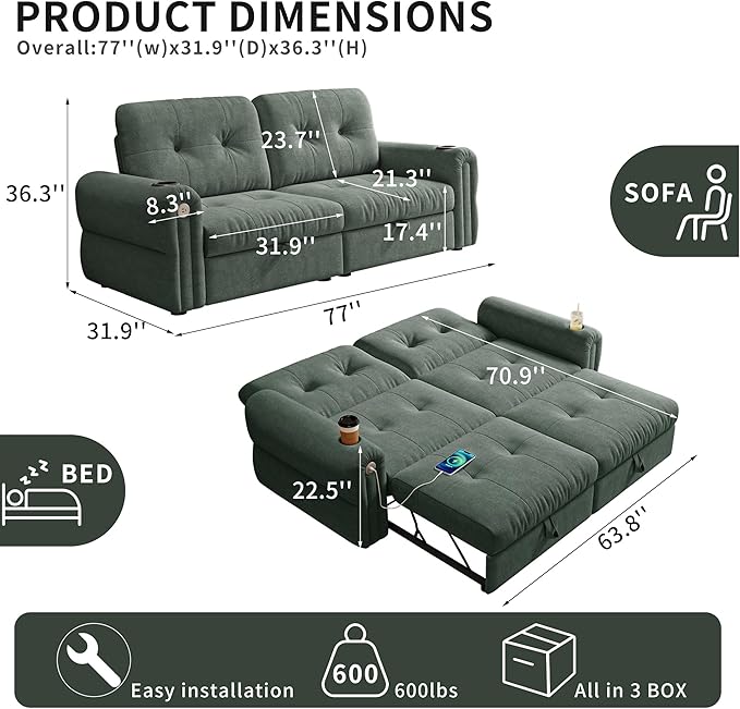 77 Pull Out Sofa Bed Velvet Convertible Sleeper Couch Loveseat Chaise Lounge with Cup Holder and USB Pullout Futon Sofa Bed for Living Room Bedroom Small Spaces RV (Green-)