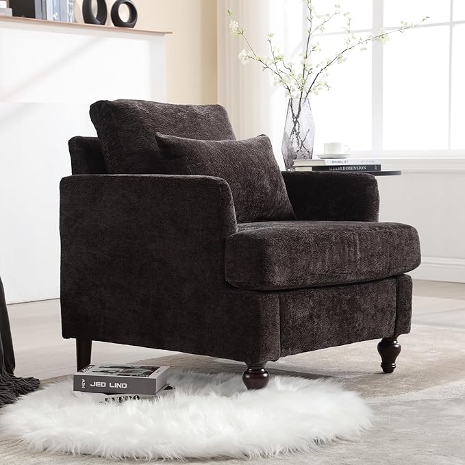Mid Century Modern Linen Fabric Accent Chair for Living Room Bedroom Guest Room Office Apartment Waiting Room Furniture Upholstered Armchair Reading Accent Chairs (Black)