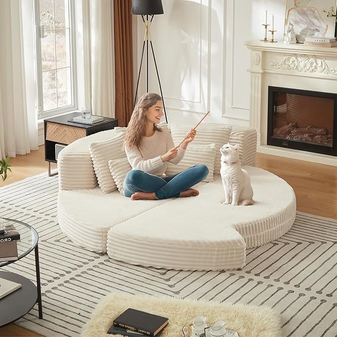 Curved Convertible Futon Sleeper Sofa Bed 78.5 Boneless Couch with Pull-Out Bed Corduroy Semi-Circular Foldable Floor Mattress for Living Room No Assembly Required Left Curved Beige